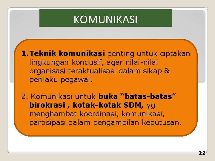 KOMUNIKASI 1. Teknik komunikasi penting untuk ciptakan lingkungan kondusif, agar nilai-nilai organisasi teraktualisasi dalam