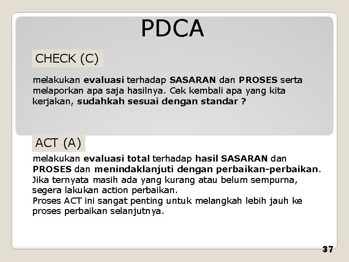 PDCA CHECK (C) melakukan evaluasi terhadap SASARAN dan PROSES serta melaporkan apa saja hasilnya.