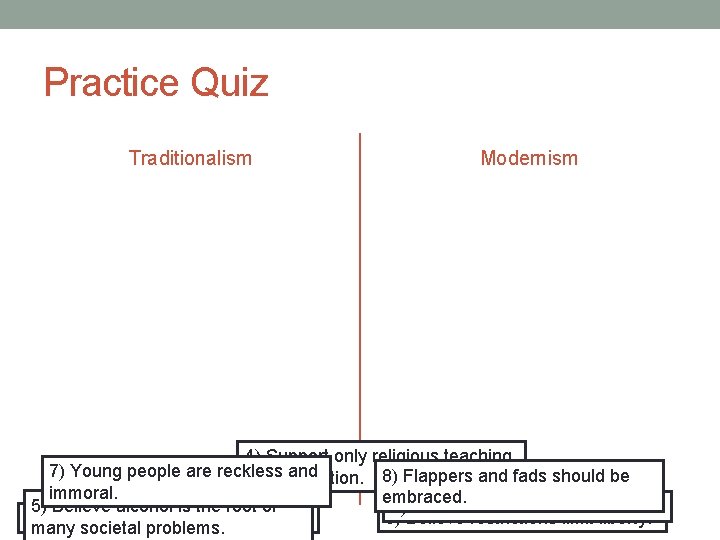 Practice Quiz Traditionalism Modernism 4) Support only religious teaching 7) Young people are reckless
