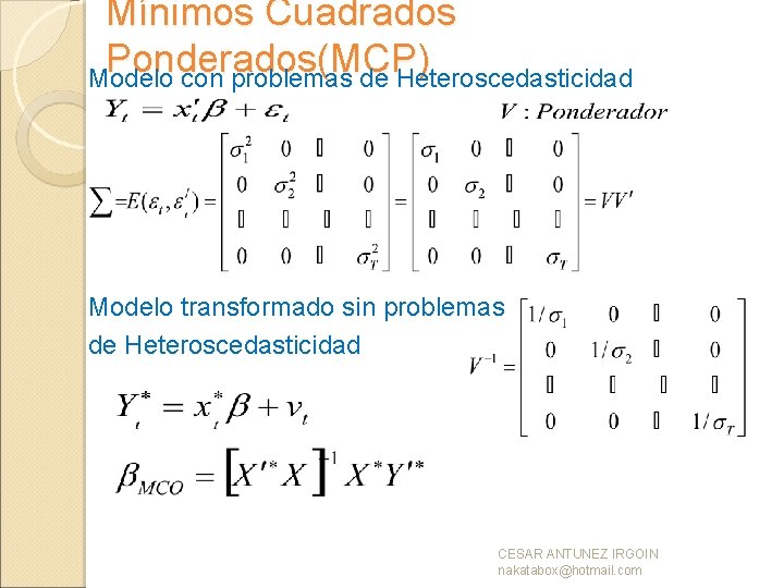Mínimos Cuadrados Ponderados(MCP) Modelo con problemas de Heteroscedasticidad Modelo transformado sin problemas de Heteroscedasticidad