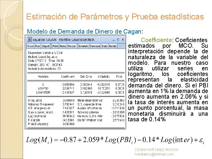 Estimación de Parámetros y Prueba estadísticas Modelo de Demanda de Dinero de Cagan: Coefficiente: