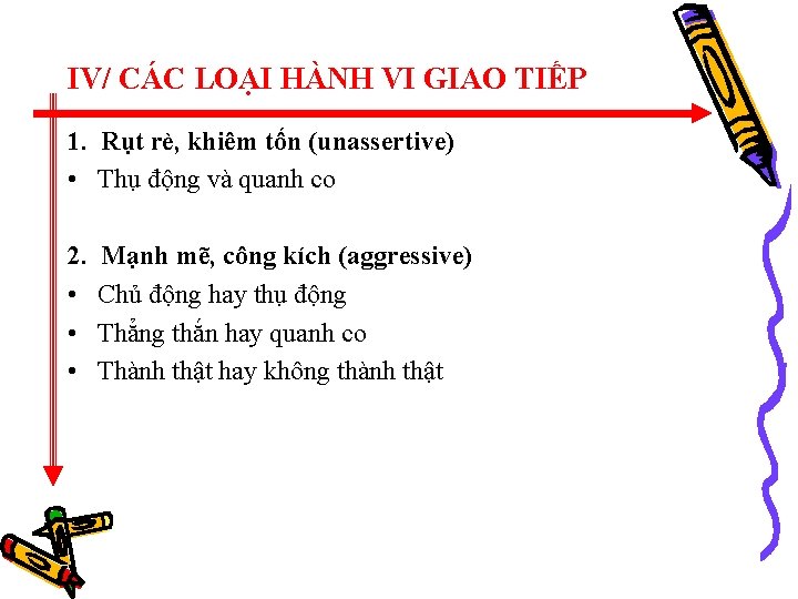 IV/ CÁC LOẠI HÀNH VI GIAO TIẾP 1. Rụt rè, khiêm tốn (unassertive) •