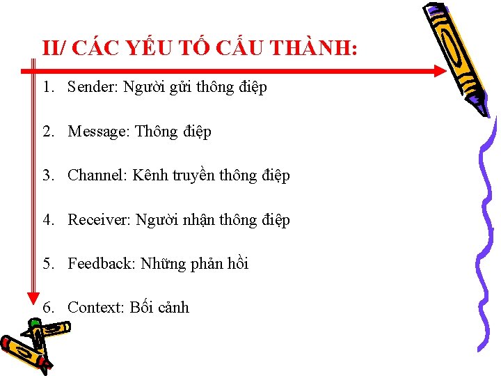 II/ CÁC YẾU TỐ CẤU THÀNH: 1. Sender: Người gửi thông điệp 2. Message: