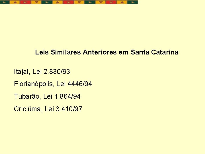 Leis Similares Anteriores em Santa Catarina Itajaí, Lei 2. 830/93 Florianópolis, Lei 4446/94 Tubarão,