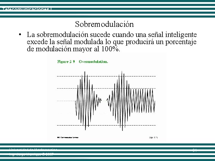 Telecomunicaciones I Sobremodulación • La sobremodulación sucede cuando una señal inteligente excede la señal