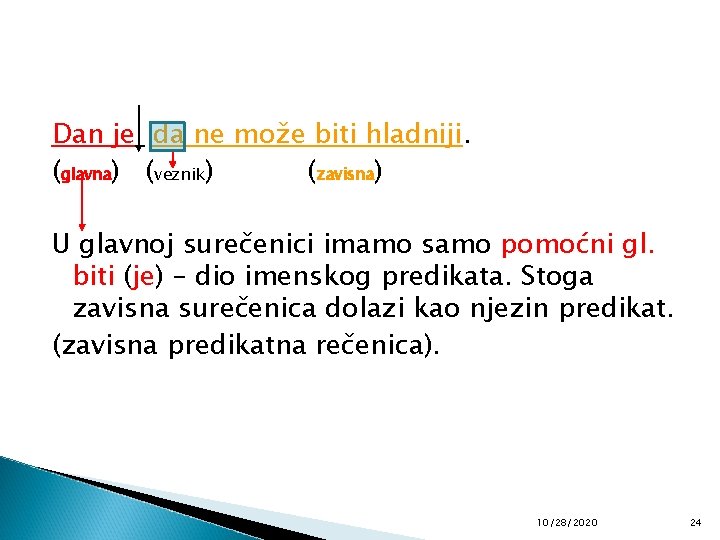 Dan je da ne može biti hladniji. (glavna) (veznik) (zavisna) U glavnoj surečenici imamo