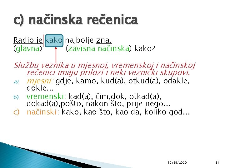 c) načinska rečenica Radio je kako najbolje zna. (glavna) (zavisna načinska) kako? Službu veznika