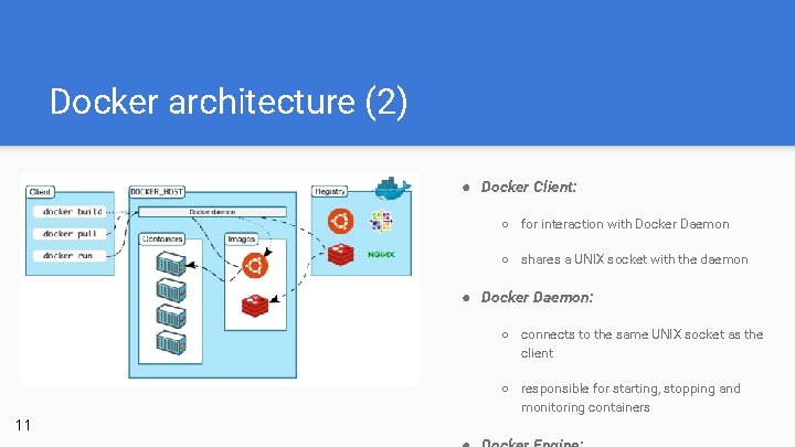 Docker architecture (2) ● Docker Client: ○ for interaction with Docker Daemon ○ shares