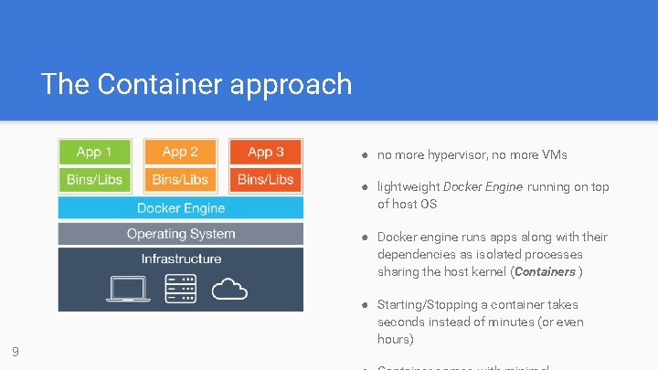 The Container approach ● no more hypervisor, no more VMs ● lightweight Docker Engine