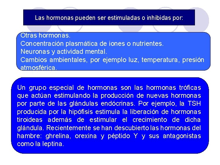 Las hormonas pueden ser estimuladas o inhibidas por: Otras hormonas. Concentración plasmática de iones