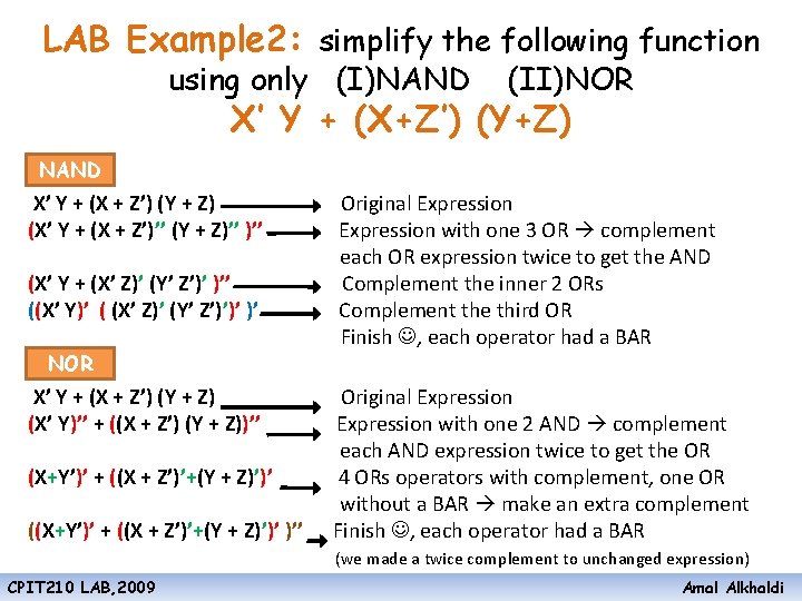 LAB Example 2: simplify the following function using only (I)NAND (II)NOR X’ Y +