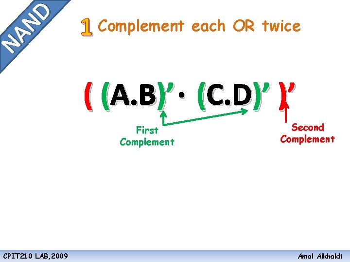 NA ND 1 Complement each OR twice ( (A. B)’. (C. D)’ )’ First