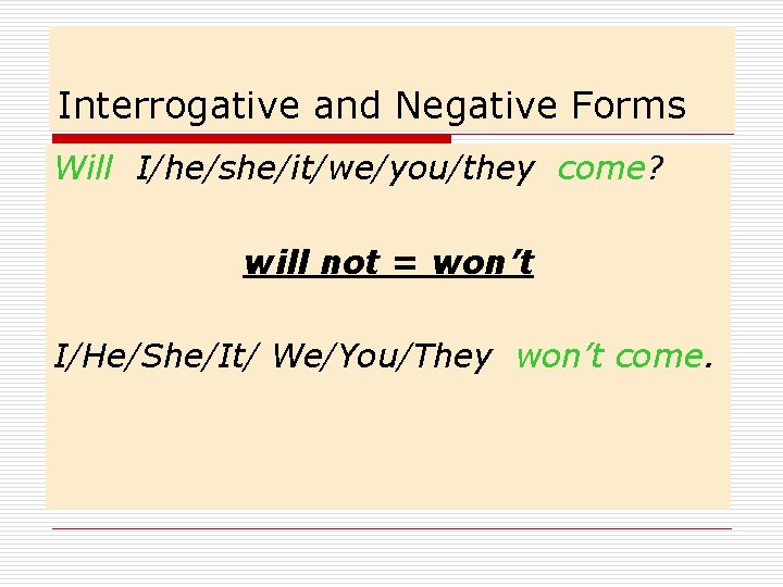 Interrogative and Negative Forms Will I/he/she/it/we/you/they come? will not = won’t I/He/She/It/ We/You/They won’t