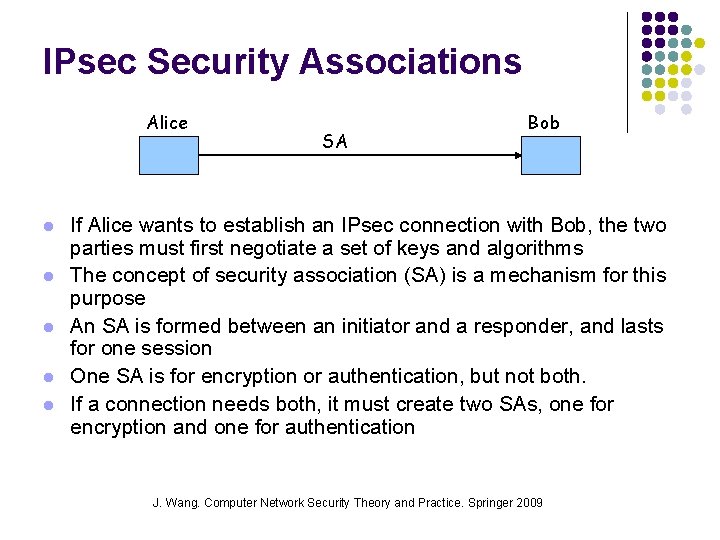 IPsec Security Associations Alice l l l SA Bob If Alice wants to establish