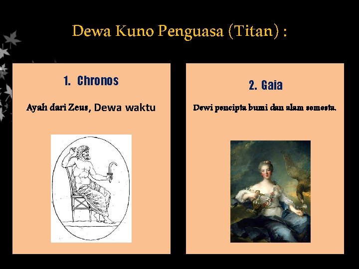 Dewa Kuno Penguasa (Titan) : 1. Chronos 2. Gaia Ayah dari Zeus, Dewa waktu