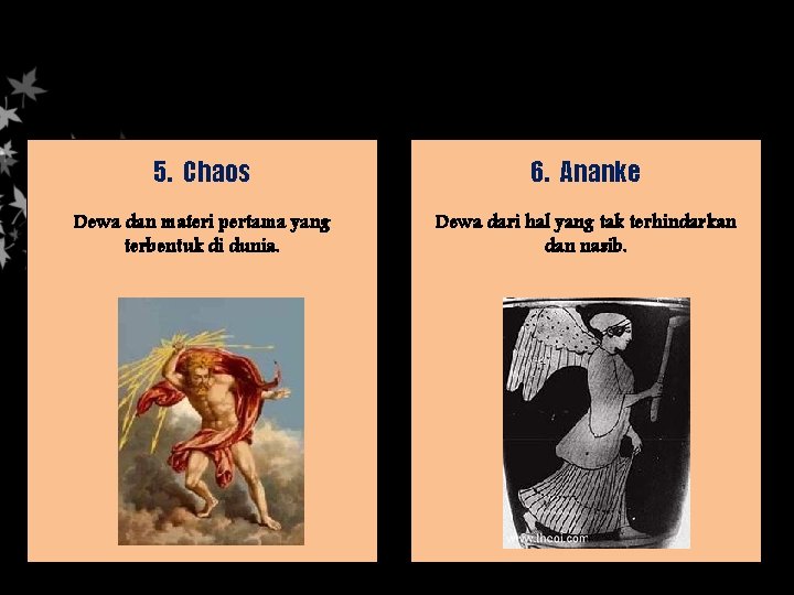 5. Chaos 6. Ananke Dewa dan materi pertama yang terbentuk di dunia. Dewa dari
