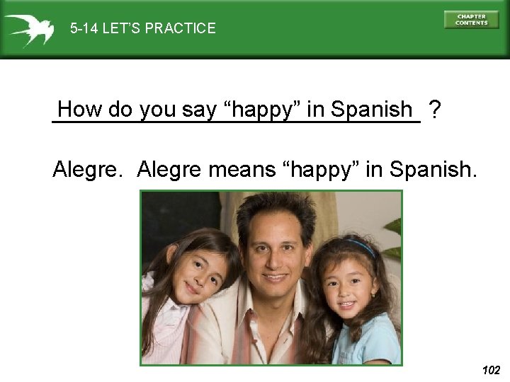 5 -14 LET’S PRACTICE How do you say “happy” in Spanish ? _____________ Alegre