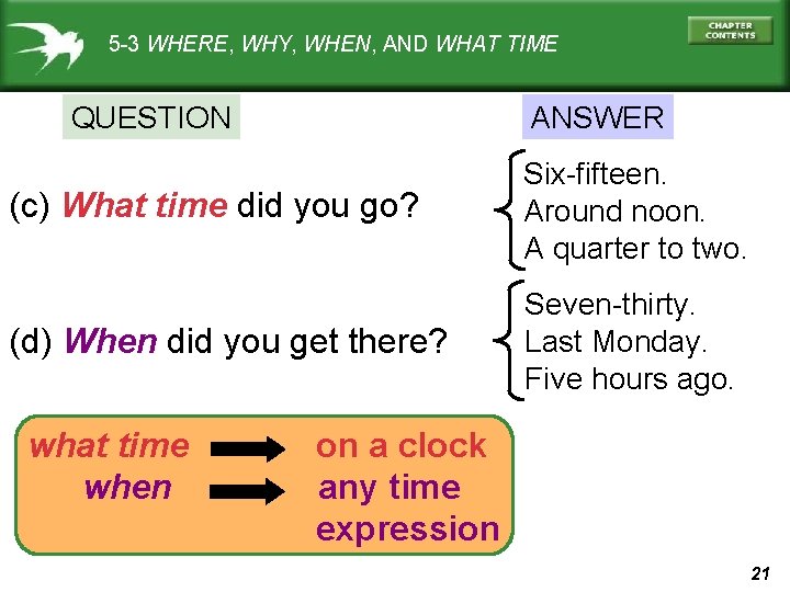 5 -3 WHERE, WHY, WHEN, AND WHAT TIME QUESTION ANSWER (c) What time did