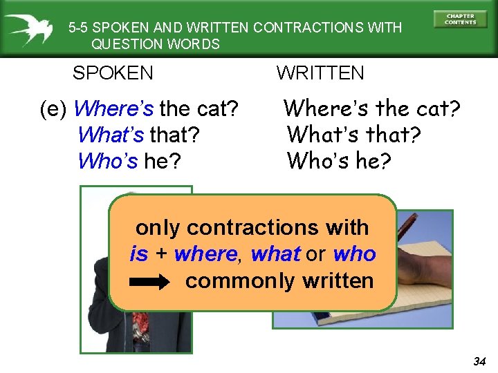 5 -5 SPOKEN AND WRITTEN CONTRACTIONS WITH QUESTION WORDS SPOKEN (e) Where’s the cat?