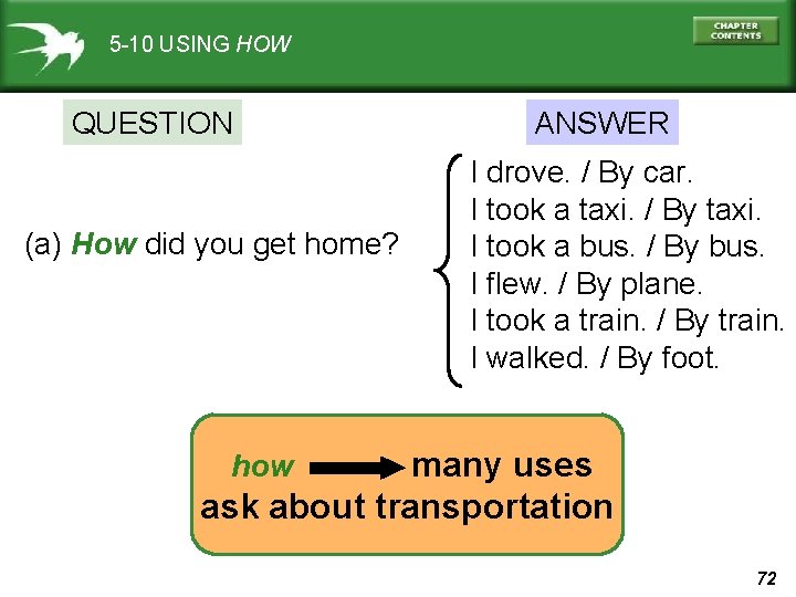 5 -10 USING HOW QUESTION (a) How did you get home? ANSWER I drove.