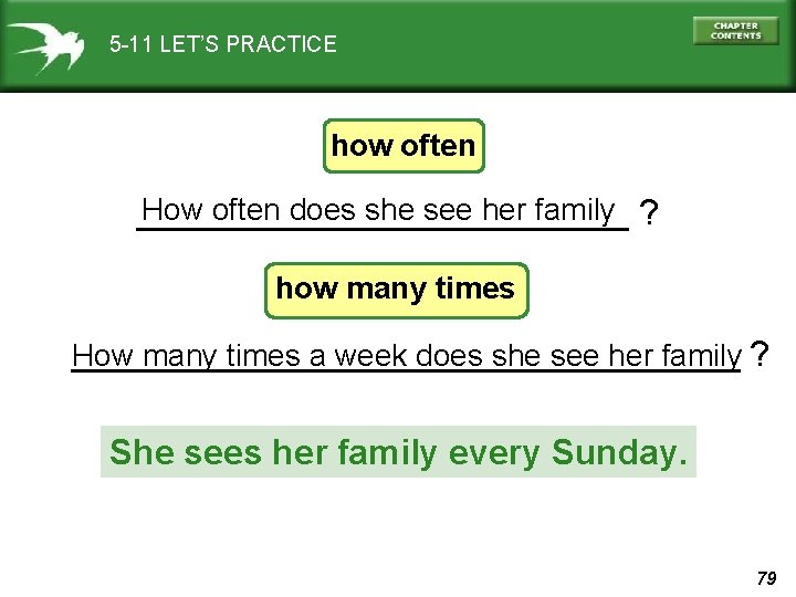5 -11 LET’S PRACTICE how often How often does she see her family ?
