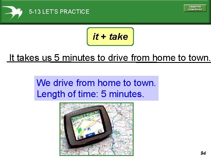 5 -13 LET’S PRACTICE it + take It takes us 5 minutes to drive