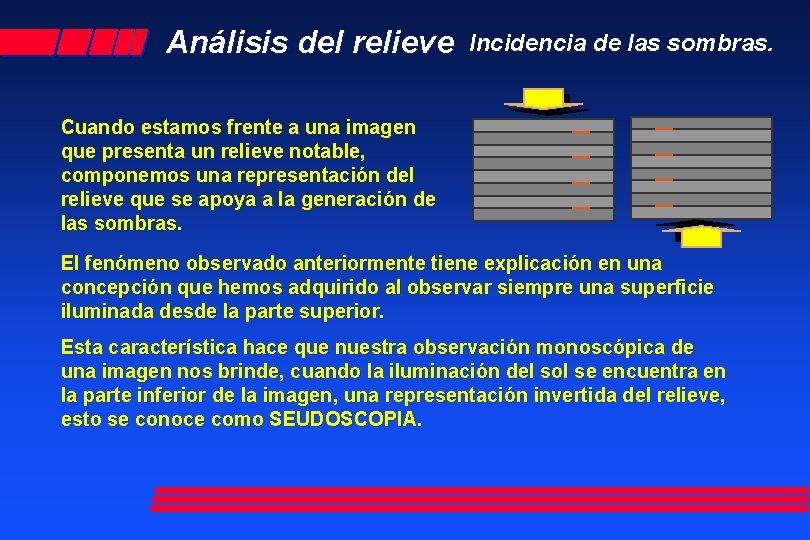 Análisis del relieve Incidencia de las sombras. Cuando estamos frente a una imagen que