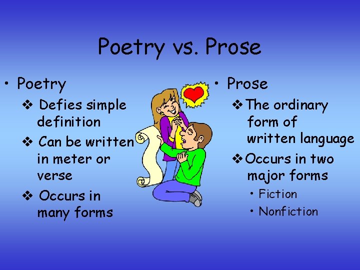 Poetry vs. Prose • Poetry v Defies simple definition v Can be written in