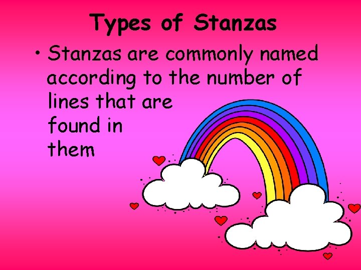 Types of Stanzas • Stanzas are commonly named according to the number of lines