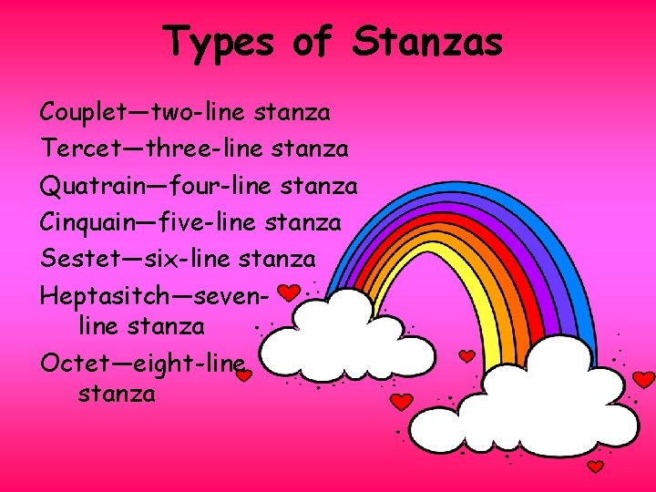 Types of Stanzas Couplet—two-line stanza Tercet—three-line stanza Quatrain—four-line stanza Cinquain—five-line stanza Sestet—six-line stanza Heptasitch—sevenline