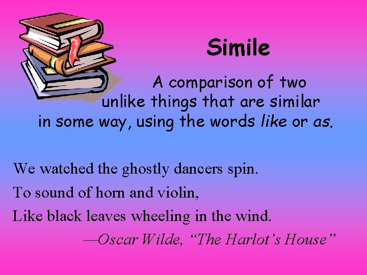 Simile A comparison of two unlike things that are similar in some way, using