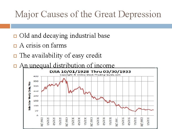 Major Causes of the Great Depression Old and decaying industrial base A crisis on