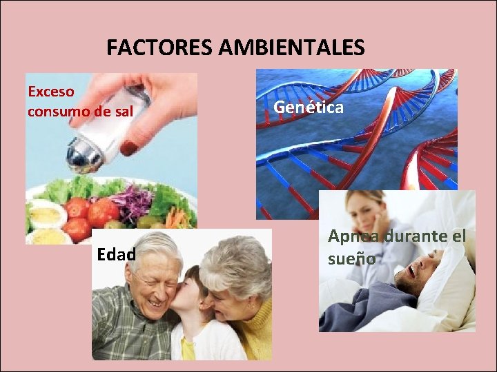 FACTORES AMBIENTALES Exceso TAMBIEN … consumo de sal Edad Genética Apnea durante el sueño