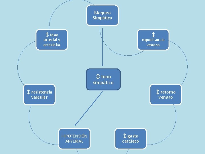 Bloqueo Simpático ↕ tono arterial y arteriolar ↕ capacitancia venosa ↕ tono simpático ↕