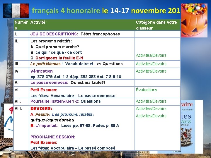 français 4 honoraire le 14 -17 novembre 2014 Numér Activité o I. JEU DE