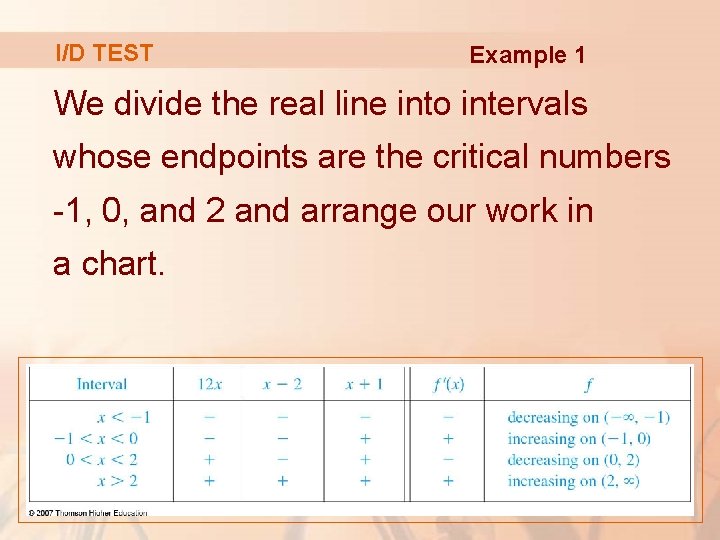 I/D TEST Example 1 We divide the real line into intervals whose endpoints are