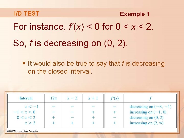 I/D TEST Example 1 For instance, f’(x) < 0 for 0 < x <