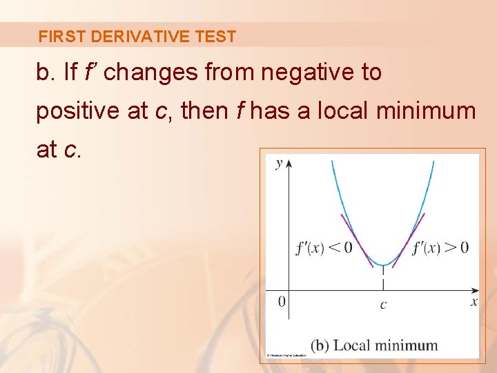 FIRST DERIVATIVE TEST b. If f’ changes from negative to positive at c, then