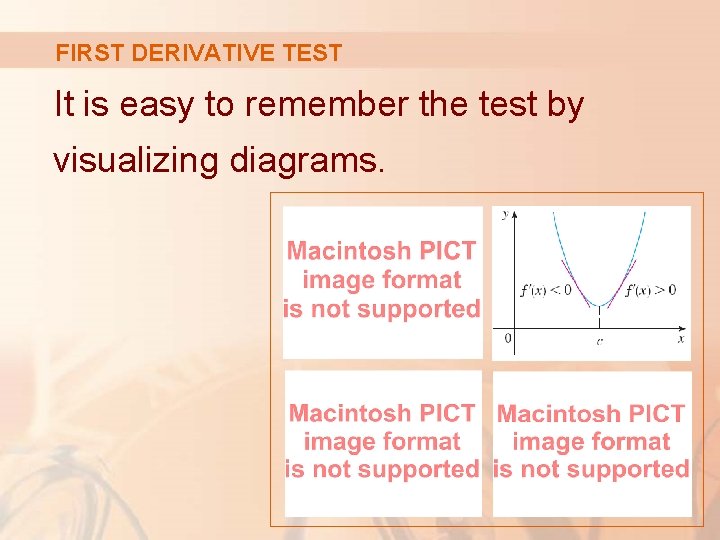 FIRST DERIVATIVE TEST It is easy to remember the test by visualizing diagrams. 