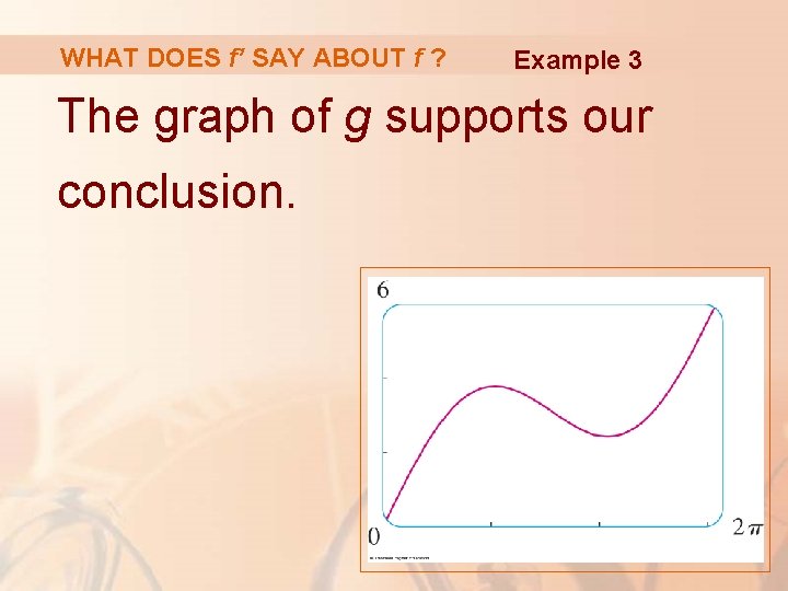 WHAT DOES f’ SAY ABOUT f ? Example 3 The graph of g supports