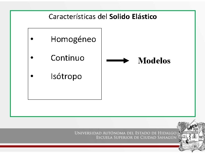 Características del Solido Elástico • Homogéneo • Continuo • Isótropo Modelos 