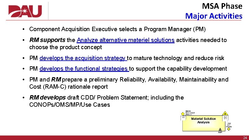 MSA Phase Major Activities • Component Acquisition Executive selects a Program Manager (PM) •