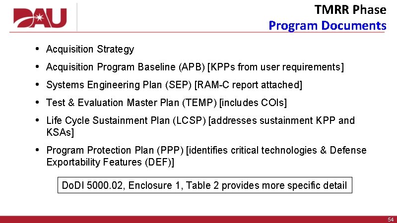 TMRR Phase Program Documents • • • Acquisition Strategy Acquisition Program Baseline (APB) [KPPs