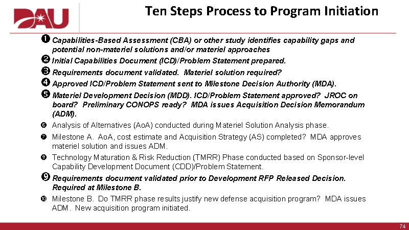 Ten Steps Process to Program Initiation Capabilities-Based Assessment (CBA) or other study identifies capability