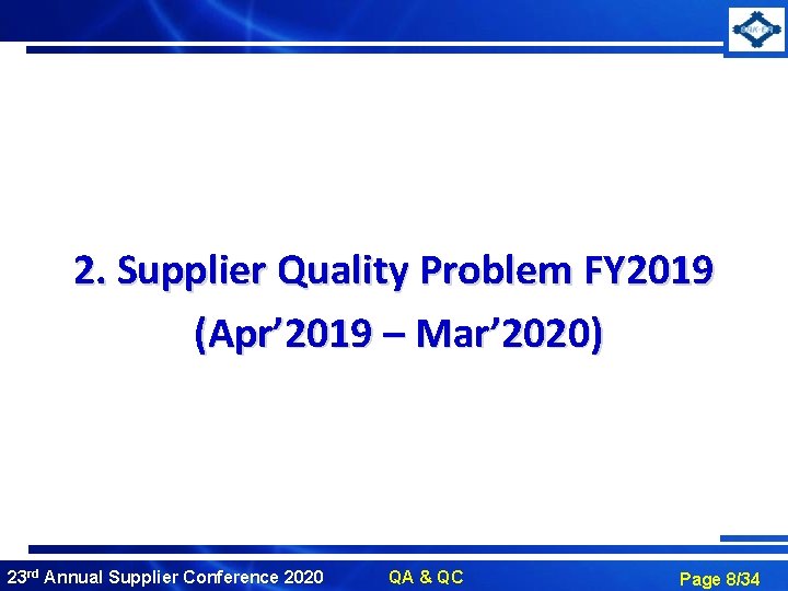 2. Supplier Quality Problem FY 2019 (Apr’ 2019 – Mar’ 2020) 23 rd Annual