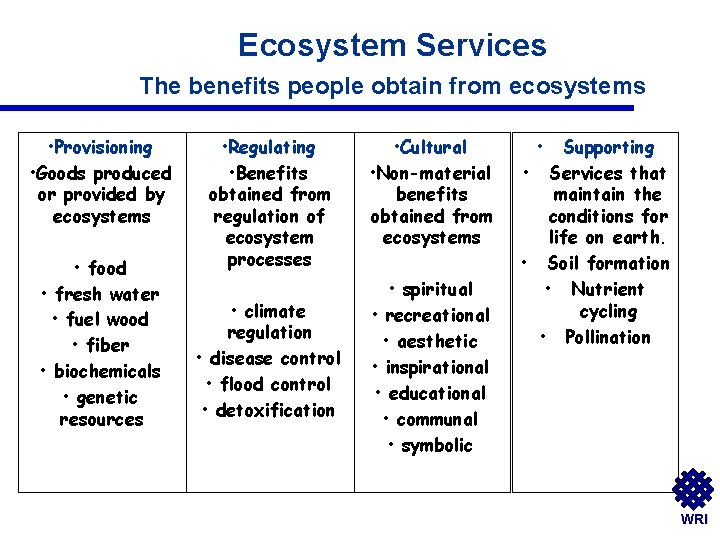 Ecosystem Services The benefits people obtain from ecosystems • Provisioning • Goods produced or