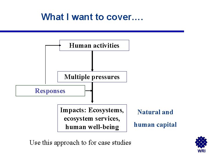 What I want to cover…. Human activities Multiple pressures Responses Impacts: Ecosystems, ecosystem services,