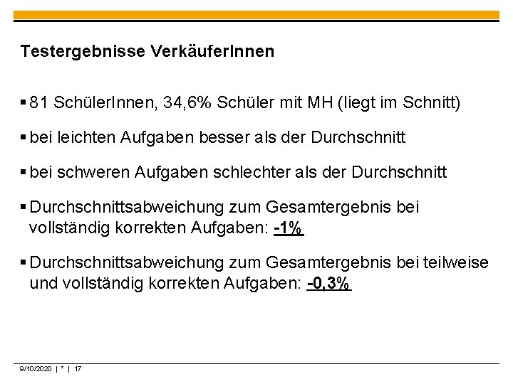 Testergebnisse Verkäufer. Innen § 81 Schüler. Innen, 34, 6% Schüler mit MH (liegt im