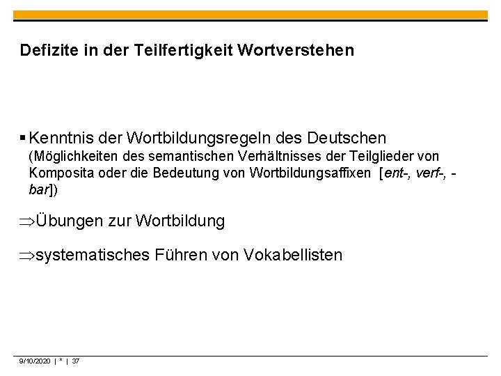 Defizite in der Teilfertigkeit Wortverstehen § Kenntnis der Wortbildungsregeln des Deutschen (Möglichkeiten des semantischen