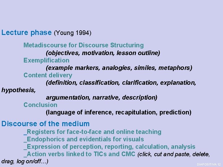 Lecture phase (Young 1994) Metadiscourse for Discourse Structuring (objectives, motivation, lesson outline) Exemplification (example